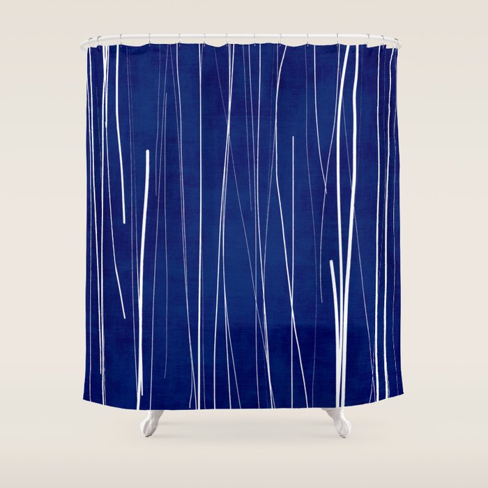 Deep Blue White Lines Minimalist Abstract  Shower Curtain Gallery Image 1