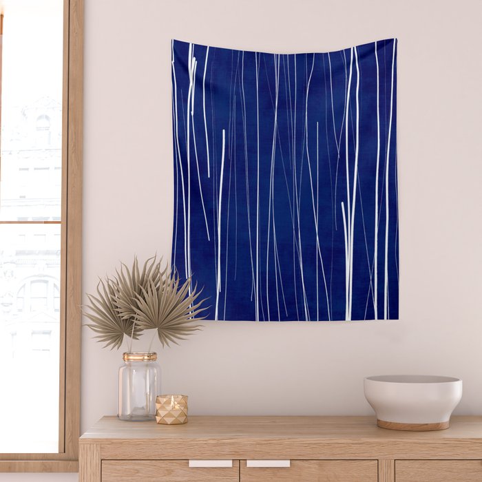 Deep Blue White Lines Minimalist Abstract  Wall Tapestry Gallery Image 2