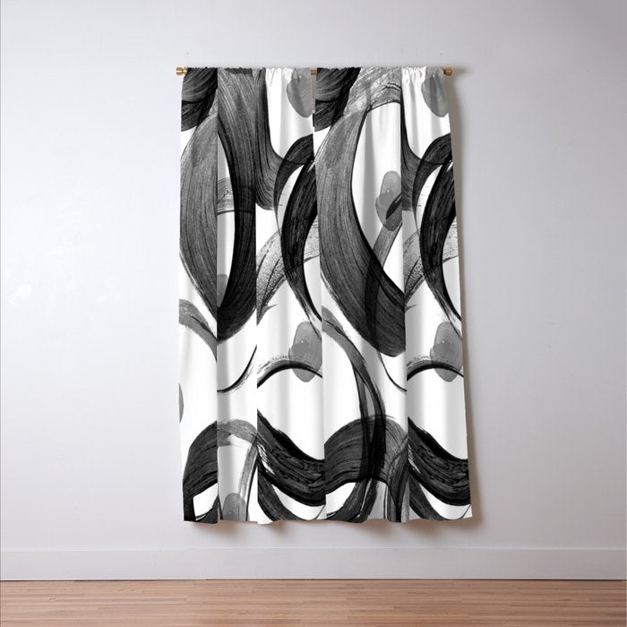 Modern abstract black white hand painted brushstrokes Window Curtain Gallery Image 3
