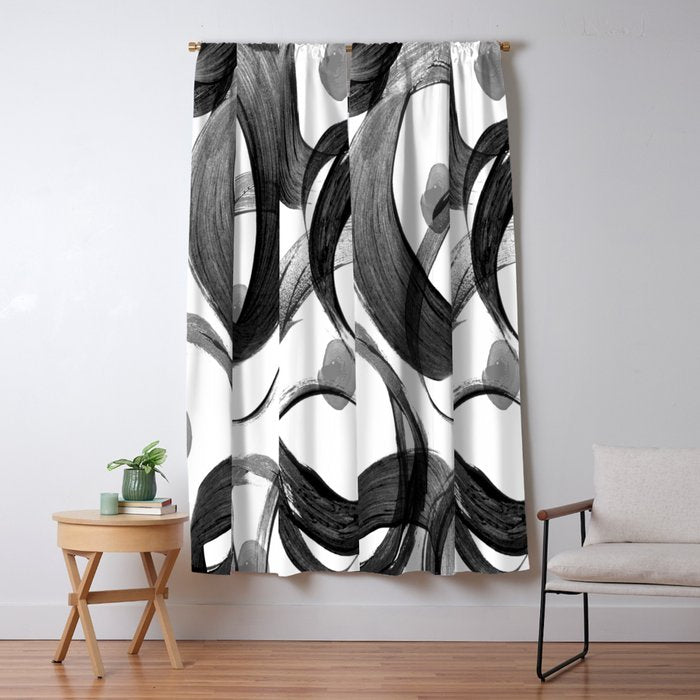 Modern abstract black white hand painted brushstrokes Window Curtain Gallery Image 1