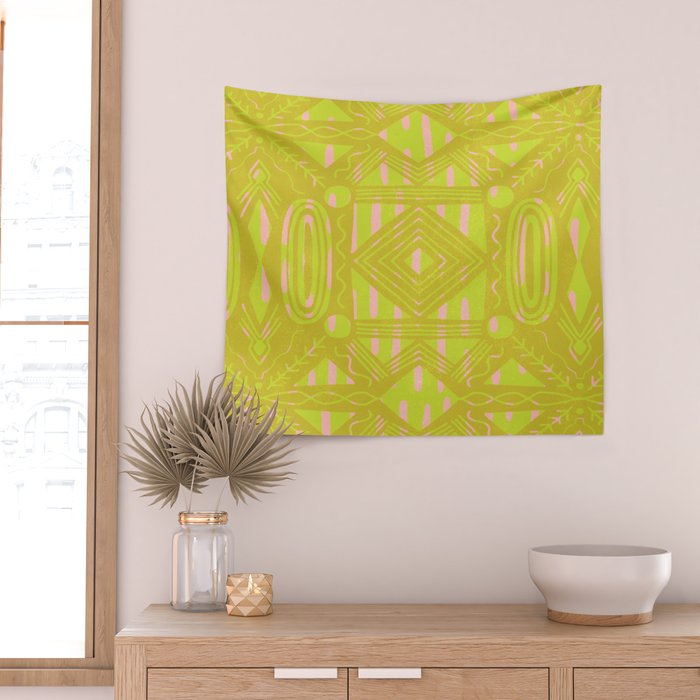 vintage kantha: chartreuse Wall Tapestry Gallery Image 2