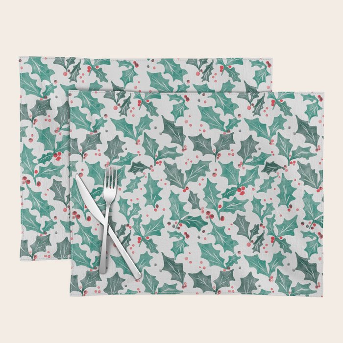 Festive Holly Leaves and Berries Christmas Pattern Placemat Gallery Image 1