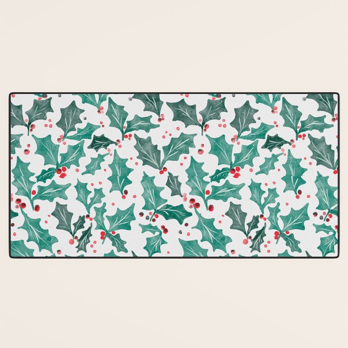 Festive Holly Leaves and Berries Christmas Pattern Desk Mat Gallery Image 3