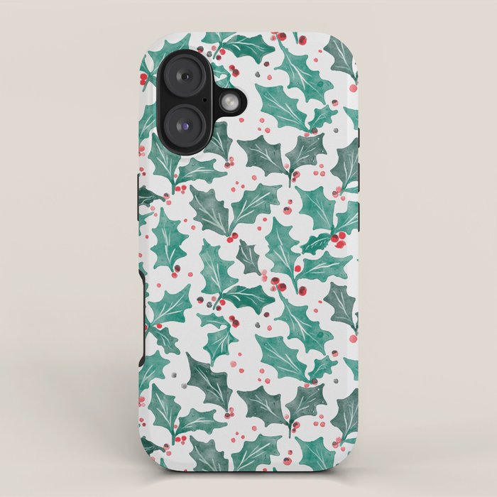 Festive Holly Leaves and Berries Christmas Pattern iPhone Case Gallery Image 1