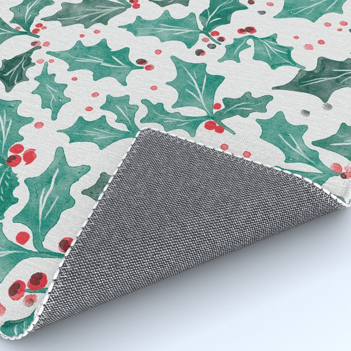 Festive Holly Leaves and Berries Christmas Pattern Rug Gallery Image 4