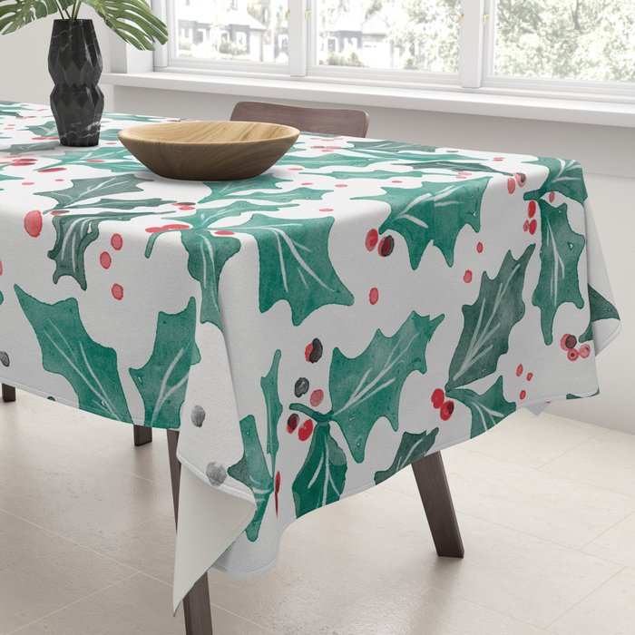 Festive Holly Leaves and Berries Christmas Pattern Tablecloth Gallery Image 3