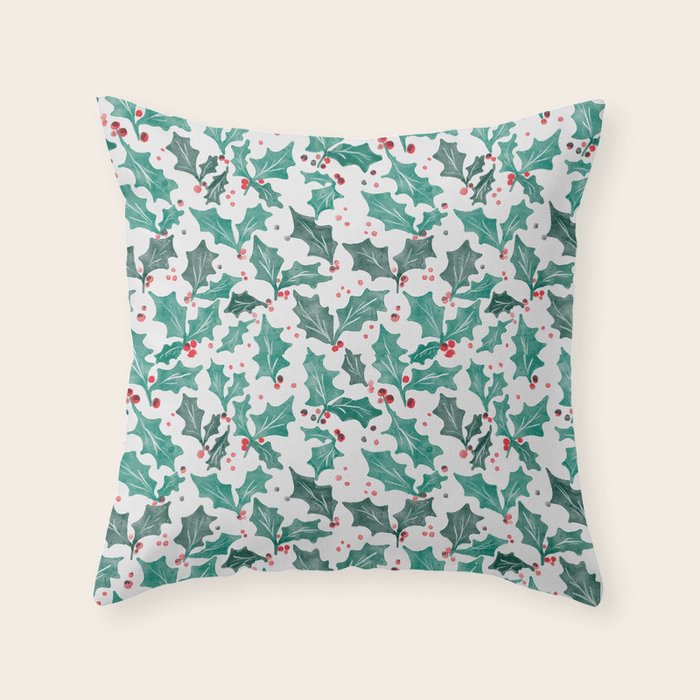 Festive Holly Leaves and Berries Christmas Pattern Throw Pillow Gallery Image 1