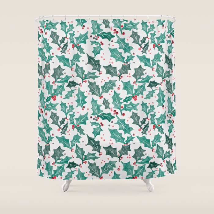 Festive Holly Leaves and Berries Christmas Pattern Shower Curtain Gallery Image 1
