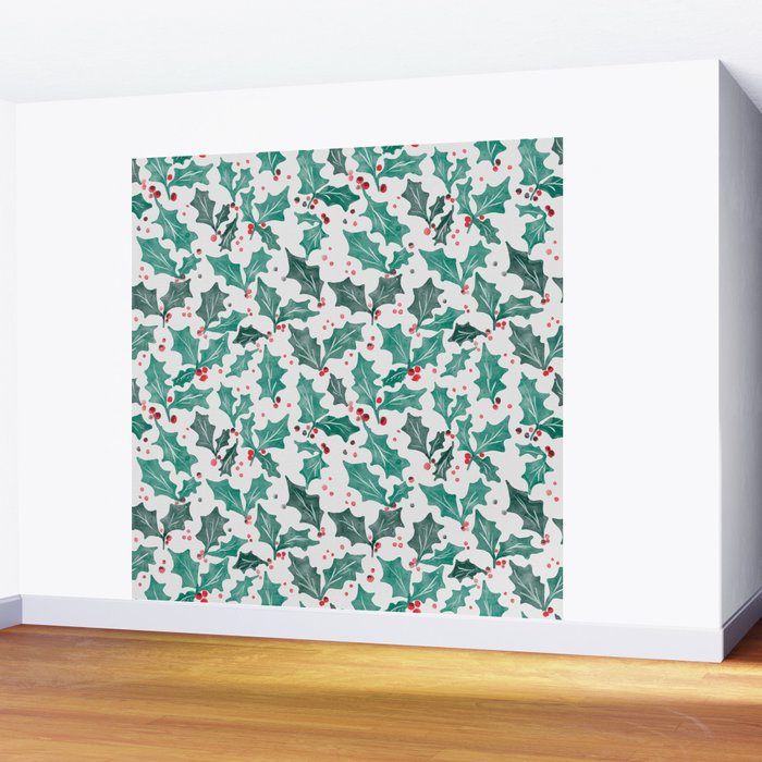 Festive Holly Leaves and Berries Christmas Pattern Wall Mural Gallery Image 2