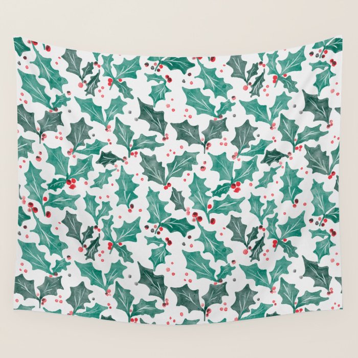 Festive Holly Leaves and Berries Christmas Pattern Wall Tapestry Gallery Image 4