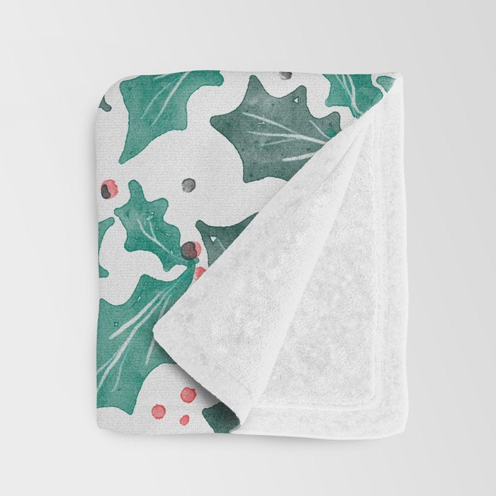 Festive Holly Leaves and Berries Christmas Pattern Throw Blanket Gallery Image 3
