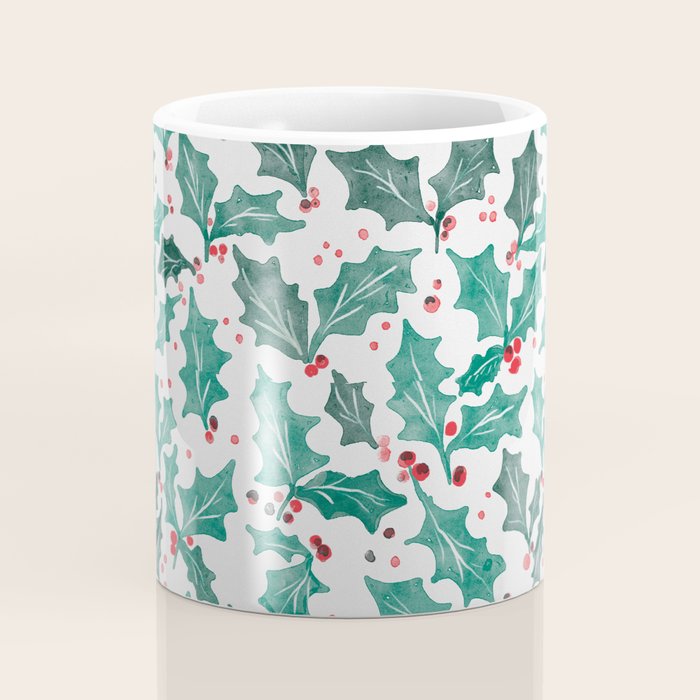 Festive Holly Leaves and Berries Christmas Pattern Coffee Mug Gallery Image 4