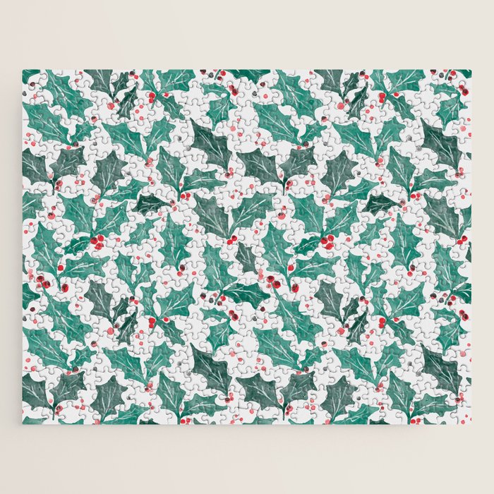 Festive Holly Leaves and Berries Christmas Pattern Jigsaw Puzzle Gallery Image 1