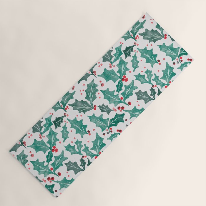 Festive Holly Leaves and Berries Christmas Pattern Yoga Mat Gallery Image 1