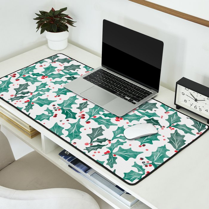 Festive Holly Leaves and Berries Christmas Pattern Desk Mat Gallery Image 2