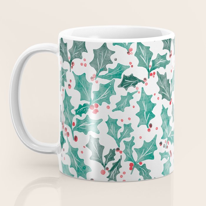 Festive Holly Leaves and Berries Christmas Pattern Coffee Mug Gallery Image 3