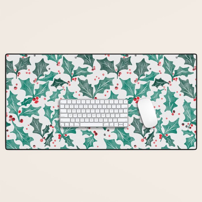 Festive Holly Leaves and Berries Christmas Pattern Desk Mat Gallery Image 1