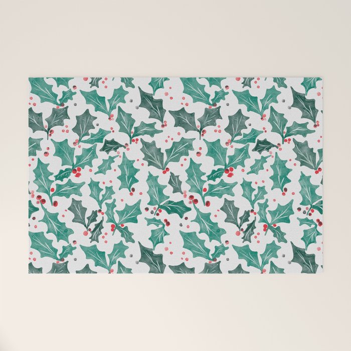 Festive Holly Leaves and Berries Christmas Pattern Welcome Mat Gallery Image 1