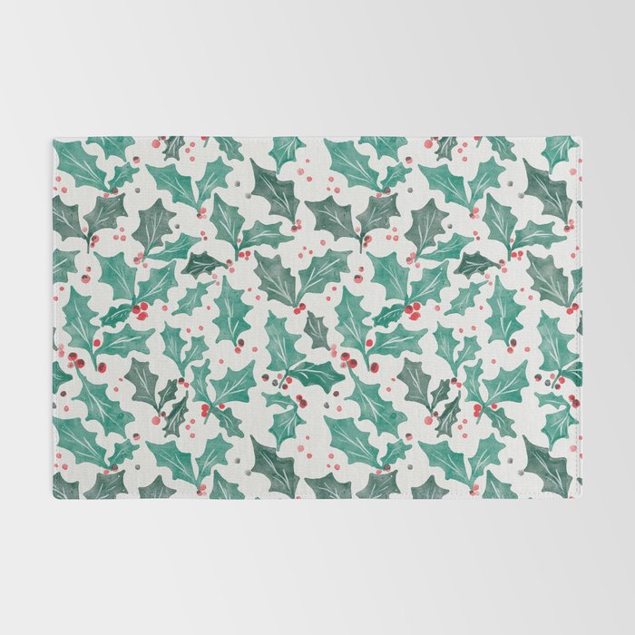 Festive Holly Leaves and Berries Christmas Pattern Rug Gallery Image 2