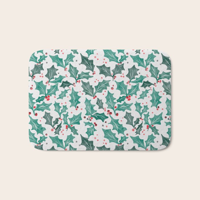 Festive Holly Leaves and Berries Christmas Pattern Bath Mat Gallery Image 1