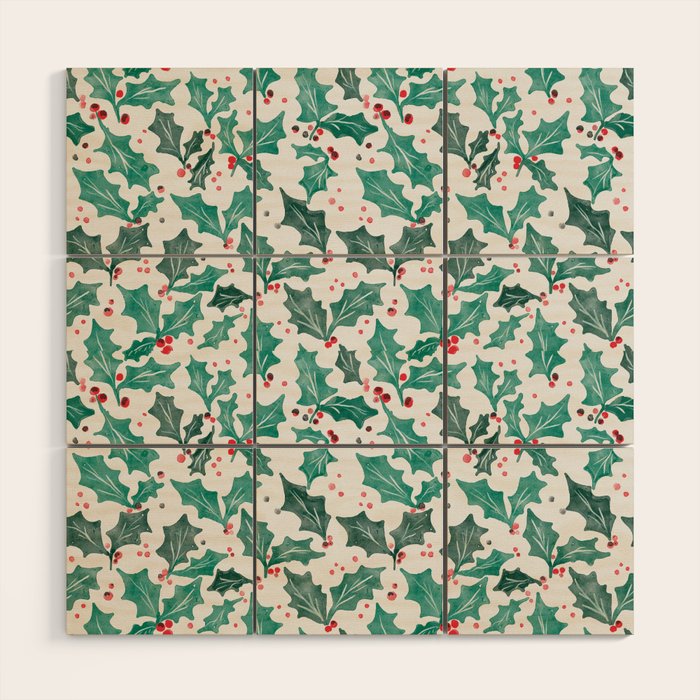 Festive Holly Leaves and Berries Christmas Pattern Wood Wall Art Gallery Image 1