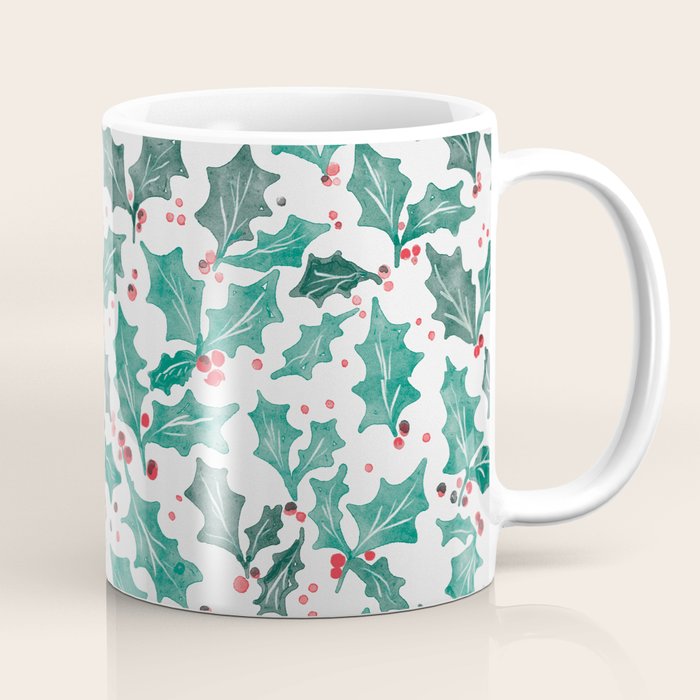 Festive Holly Leaves and Berries Christmas Pattern Coffee Mug Gallery Image 1