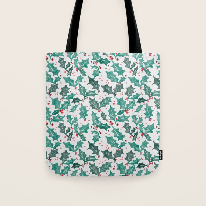 Festive Holly Leaves and Berries Christmas Pattern Tote Bag Gallery Image 1