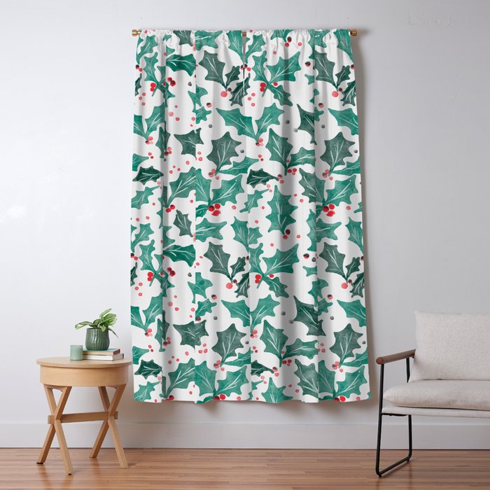 Festive Holly Leaves and Berries Christmas Pattern Window Curtain Gallery Image 5