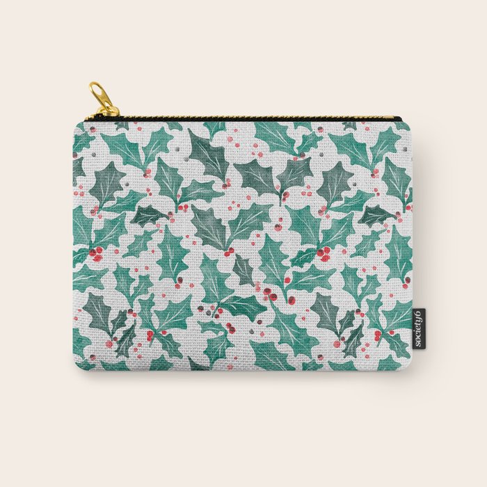 Festive Holly Leaves and Berries Christmas Pattern Carry All Pouch Gallery Image 1