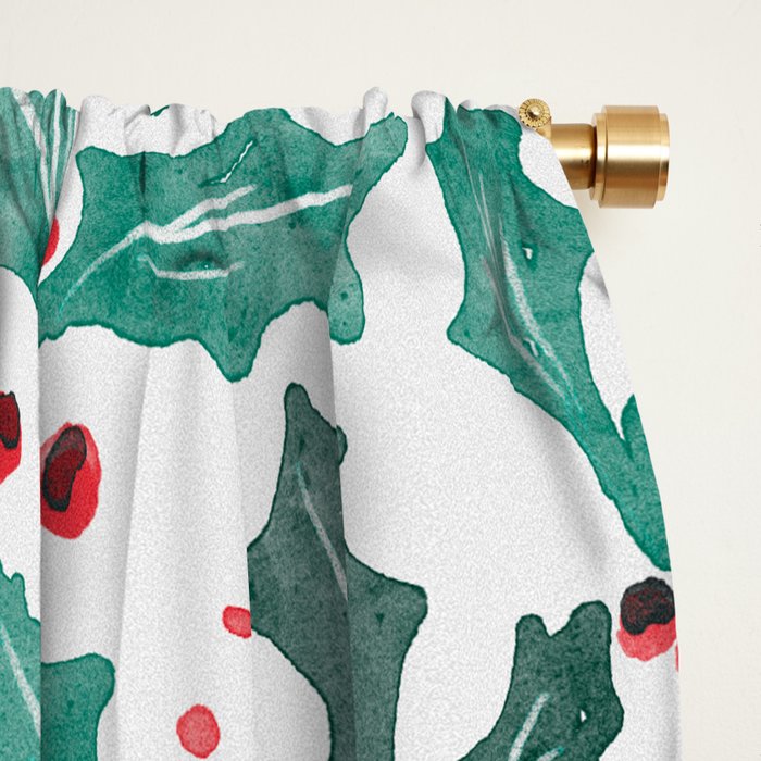 Festive Holly Leaves and Berries Christmas Pattern Window Curtain Gallery Image 2
