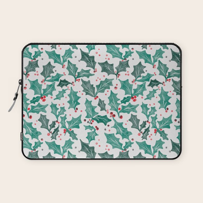 Festive Holly Leaves and Berries Christmas Pattern Laptop Sleeve Gallery Image 1