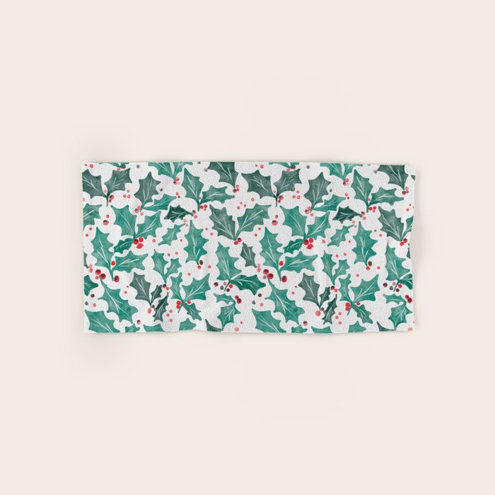 Festive Holly Leaves and Berries Christmas Pattern Bath Towel Gallery Image 1