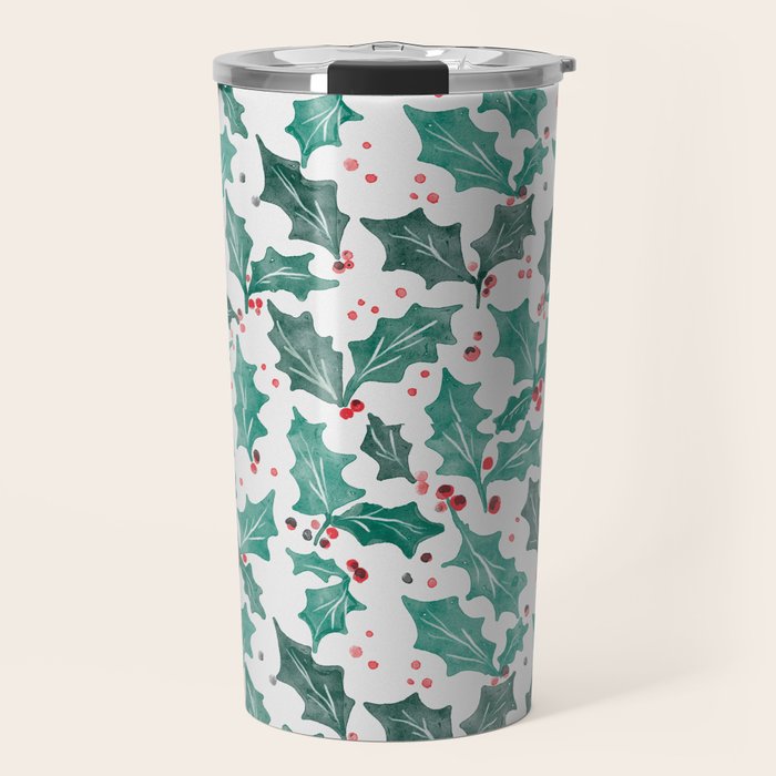 Festive Holly Leaves and Berries Christmas Pattern Travel Mug Gallery Image 1