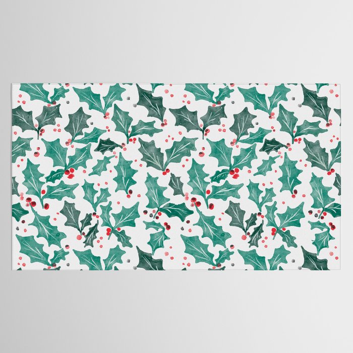 Festive Holly Leaves and Berries Christmas Pattern Tablecloth Gallery Image 2