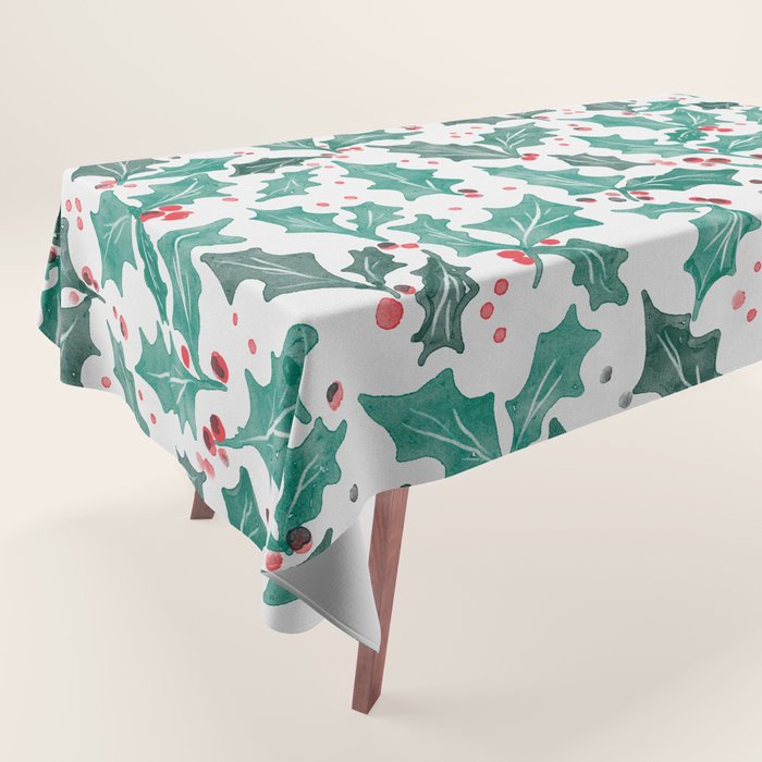 Festive Holly Leaves and Berries Christmas Pattern Tablecloth Gallery Image 1
