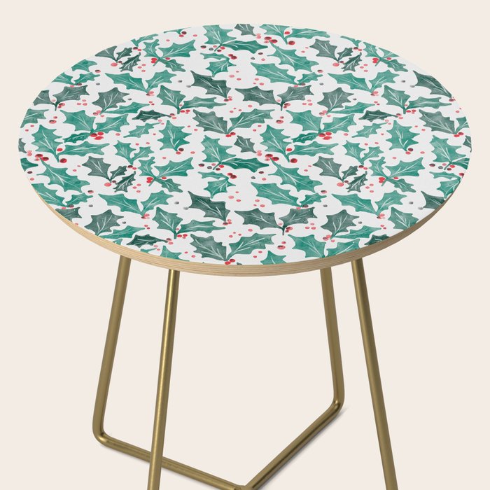 Festive Holly Leaves and Berries Christmas Pattern Side Table Gallery Image 2