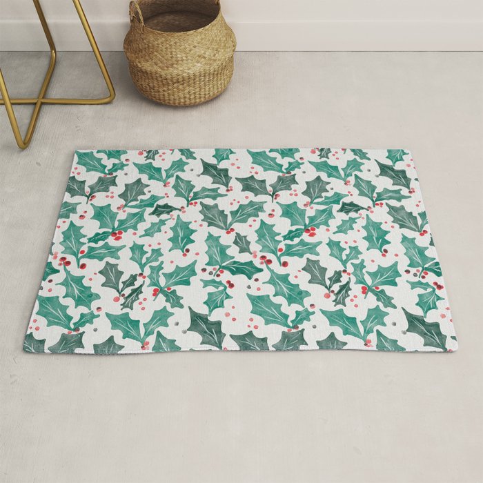 Festive Holly Leaves and Berries Christmas Pattern Rug Gallery Image 1