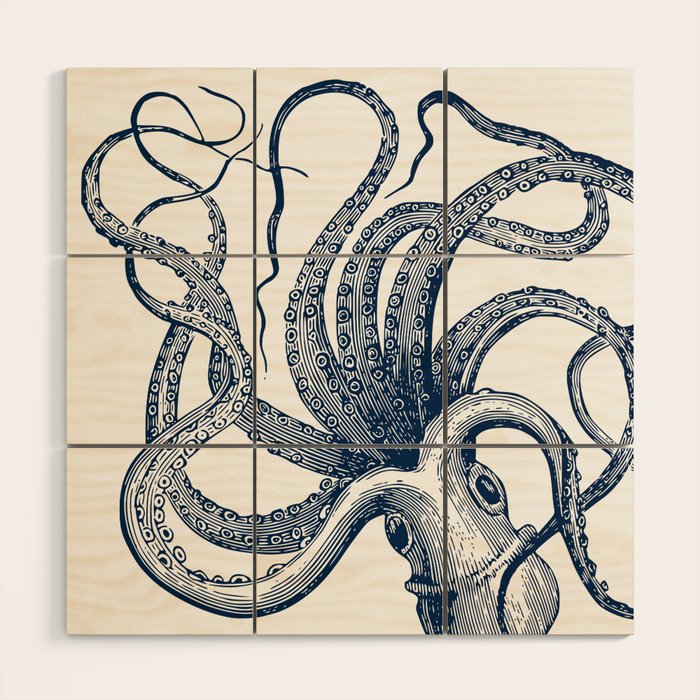 Octopus Navy Wood Wall Art Gallery Image 1