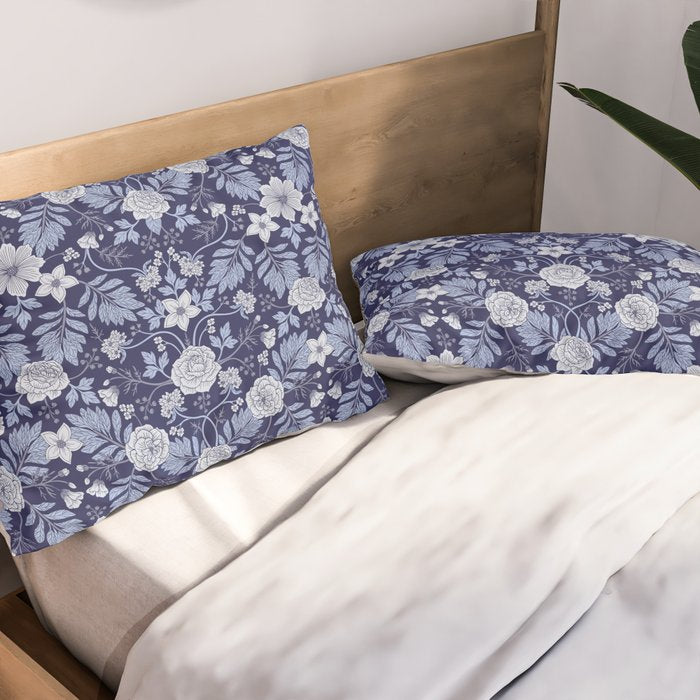 Light Blue, Cobalt Blue, & White Floral Pattern Pillow Sham Gallery Image 2