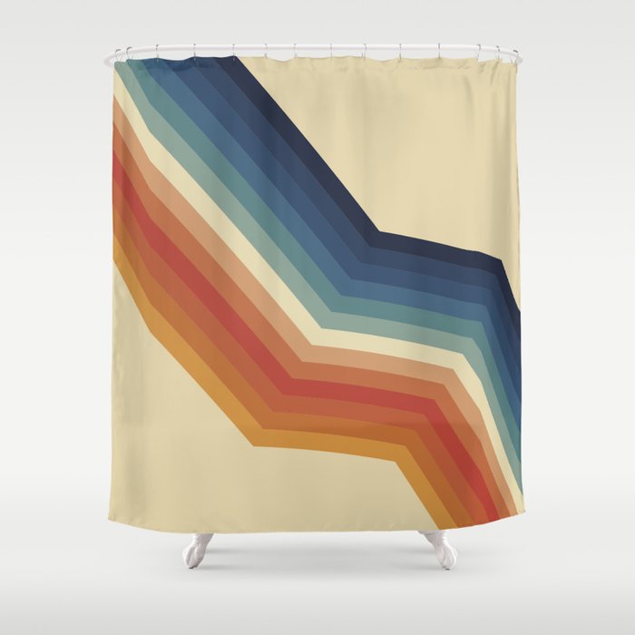 Funky Colorful 70s Rainbow Striped Zig Zag Pattern Blue Orange Hues Shower Curtain Gallery Image 1