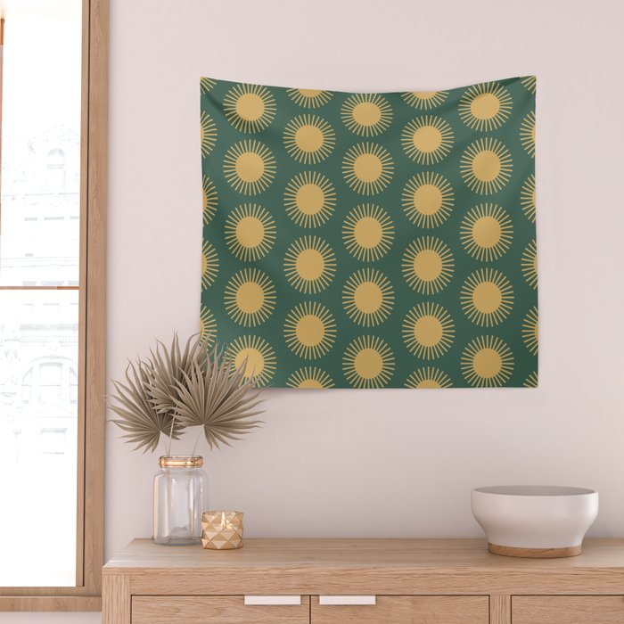 Boho Summer Sun Pattern X Kelly Green and Yellow Wall Tapestry Gallery Image 2