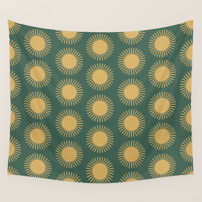 Boho Summer Sun Pattern X Kelly Green and Yellow Wall Tapestry Gallery Image 1