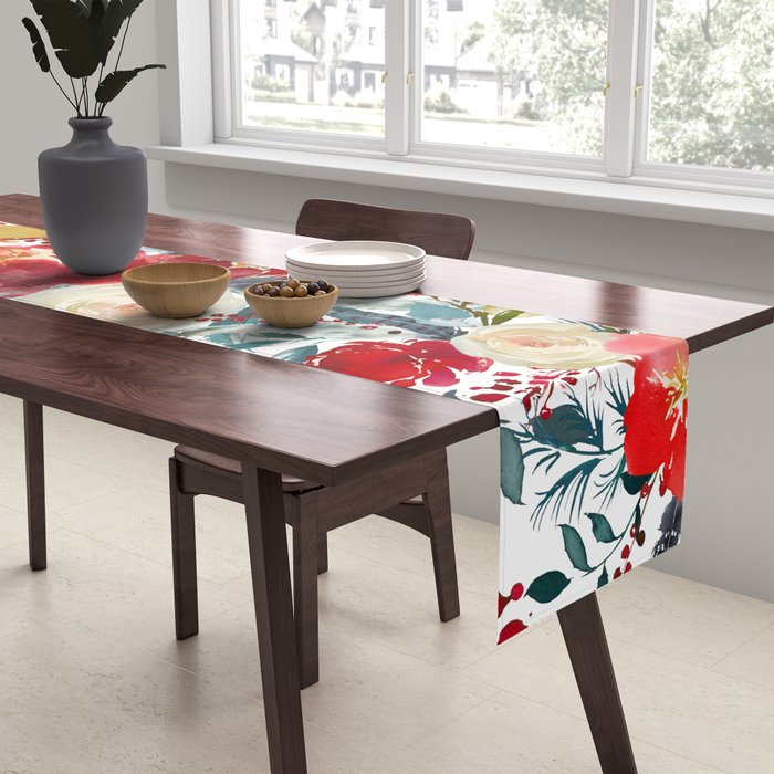 Red teal hand painted boho watercolor roses floral Table Runner Gallery Image 2