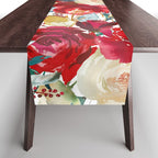 Red teal hand painted boho watercolor roses floral Table Runner Gallery Image 1