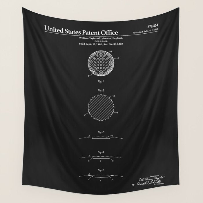 Golf Ball Patent - Black Wall Tapestry