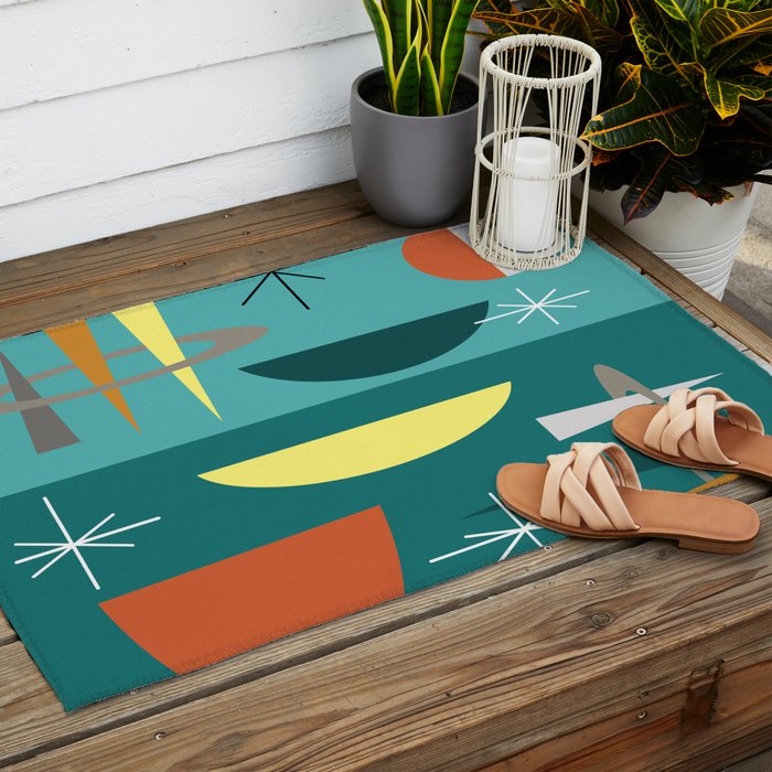 Turquoise Mid Century Modern Outdoor Rug Gallery Image 2