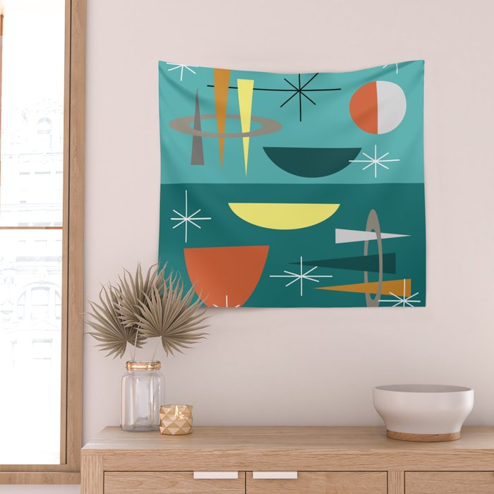 Turquoise Mid Century Modern Wall Tapestry Gallery Image 2