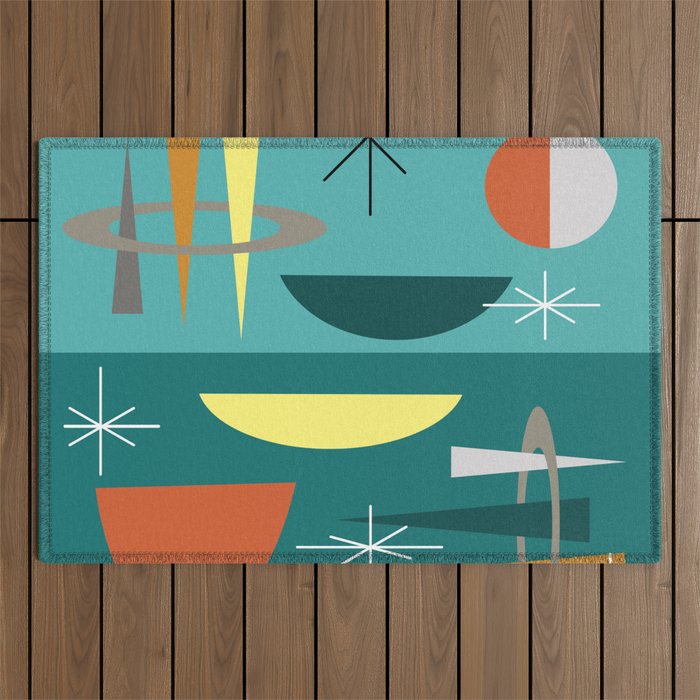 Turquoise Mid Century Modern Outdoor Rug Gallery Image 1