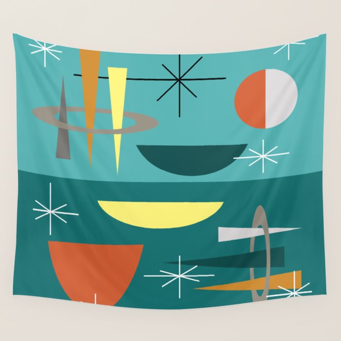 Turquoise Mid Century Modern Wall Tapestry Gallery Image 4