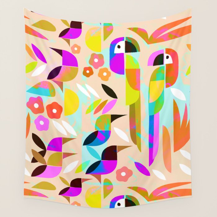 TROPICAL BIRD PATTERN COLLAGE Wall Tapestry Gallery Image 1
